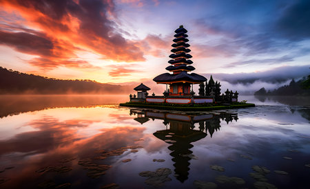 Pura Ulun Danu Bratan temple on Bratan lake in Bali, Indonesiaの素材