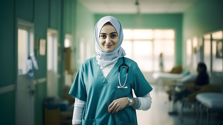Portrait of a muslim female doctor with stethoscope at hospitalの素材