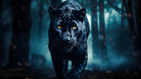 Black Panther Panthera Pardus in the forest background, black jaguar, jaguar panther wilderness natureの素材