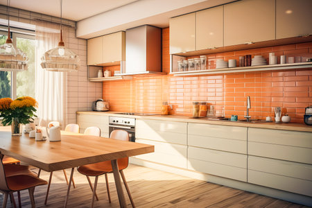 Modern kitchen interior with orange brick wall and wooden floor. 3d renderingの素材