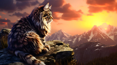 Red Maine Coon cat on a fantasy background. Fluffy pet.の素材