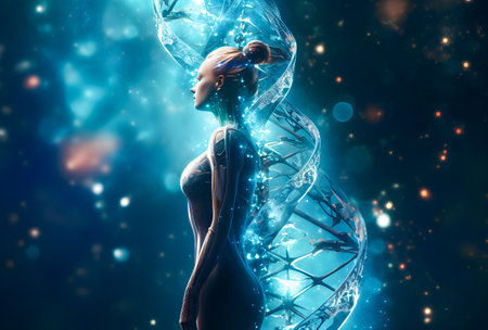 3d rendered illustration of a female model with DNA strands in the backgroundの素材