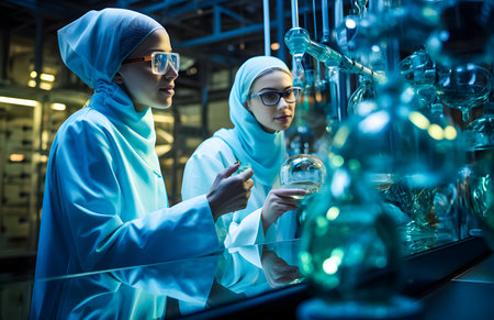 Female scientist working in chemical laboratory. She is wearing hijab and glasses.の素材