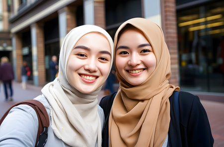 two asian muslim women in hijab taking selfie on smartphone in cityの素材