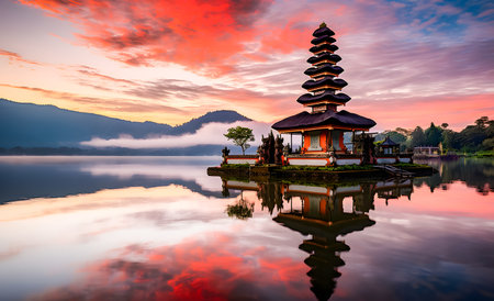 Pura Ulun Danu Bratan temple at sunrise, Bali, Indonesiaの素材