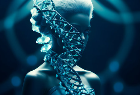 Conceptual image of young woman with DNA structure molecule on color backgroundの素材