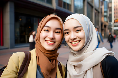 two asian muslim women in hijab taking selfie on smartphone in cityの素材