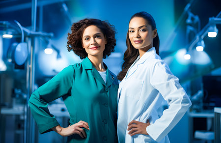 Portrait of two young female doctors standing in hospital. Medical and healthcare concept.の素材