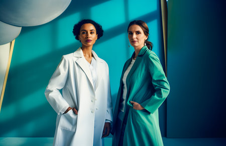Portrait of two female doctors in white coats standing with arms crossedの素材