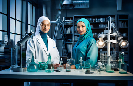 group of muslim scientists looking at camera while working with liquids in laboratoryの素材