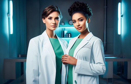 Portrait of two confident female doctors in white coats standing in the hospital.の素材