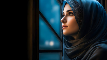 Portrait of a beautiful muslim woman with hijab looking out the windowの素材