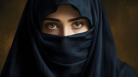beautiful asian muslim woman wearing niqab over dark backgroundの素材