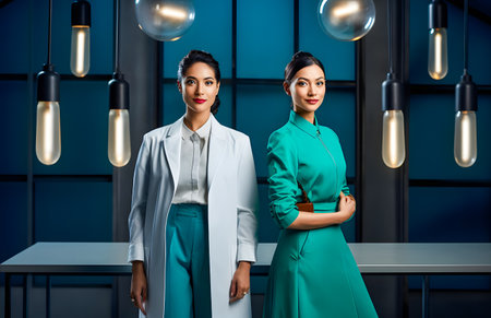 portrait of two beautiful asian women in formal wear posing at nightの素材