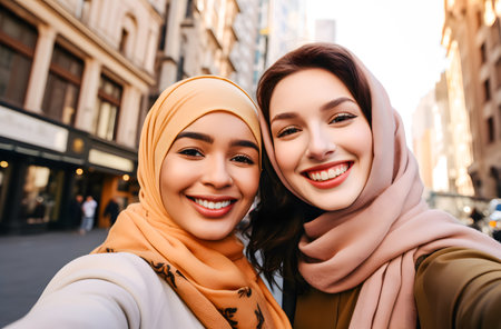 two asian muslim women in hijab taking selfie on smartphone in cityの素材