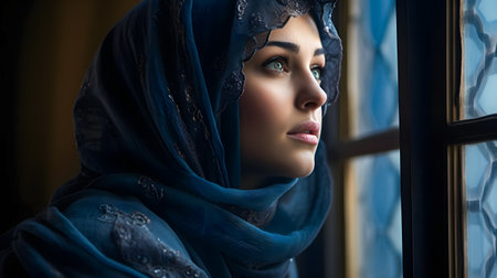 beautiful muslim woman in hijab looking out the windowの素材