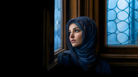 beautiful muslim woman in hijab looking out the windowの素材