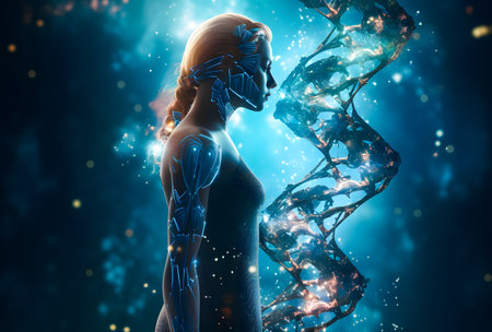 3D rendered Illustration of a female figure with DNA strands.の素材
