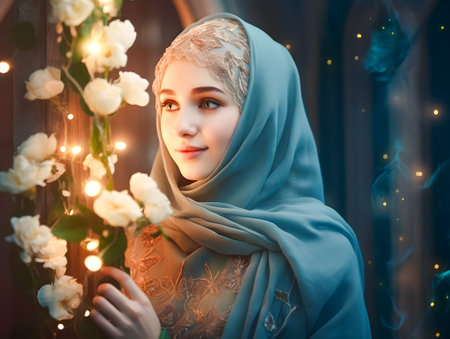 Portrait of a beautiful girl in a turban with white flowersの素材