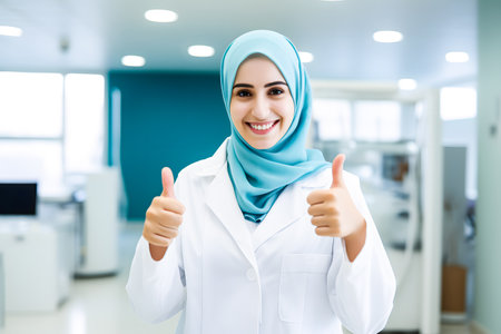 Portrait of happy muslim female doctor showing thumbs up in hospitalの素材