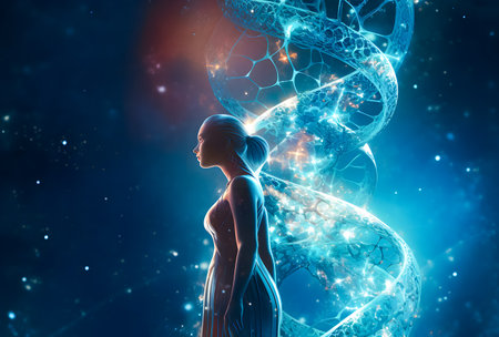 3d rendered illustration of a female figure and DNA strands in the backgroundの素材