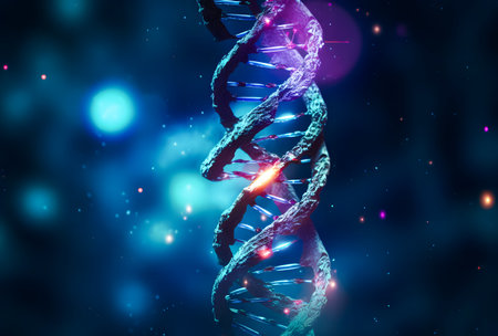 Digital illustration DNA structure with glowing particles in colour background. 3D renderingの素材