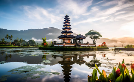 Pura temple on the lake at sunrise and reflection in water, Nyepi at Bali, Indonesiaの素材