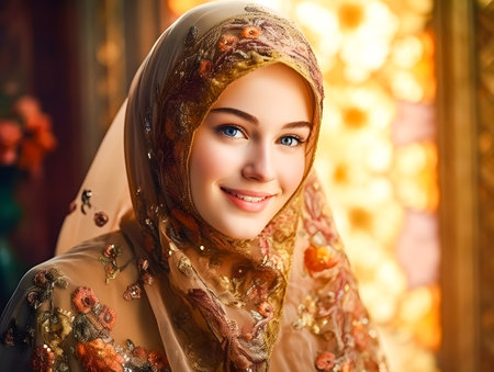 Portrait of beautiful young muslim woman with traditional oriental clothingの素材