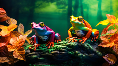 Two red-eyed frogs sit on a rock in the forest.の素材
