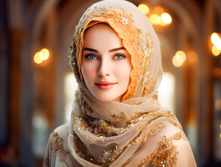 Portrait of a beautiful young muslim woman wearing hijab. Muslim woman.の素材