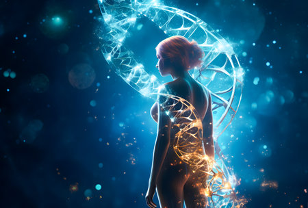Digital composite of 3D female figure with DNA structure against blue backgroundの素材