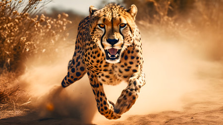 Cheetah running in the savannah in Kruger National Park, South Africa. Species Panthera pardus family of Felidaeの素材
