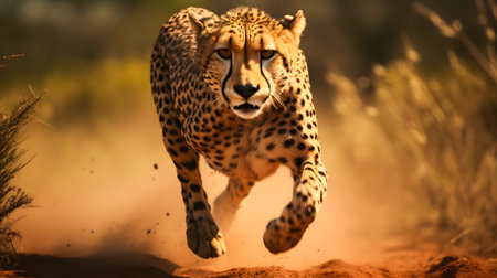 Cheetah running in the savannah in Kruger National Park, South Africa. Species Panthera pardus family of Felidaeの素材