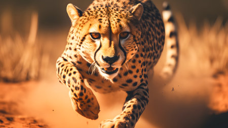 Cheetah running in the savannah in Kruger National Park, South Africa. Species Panthera pardus family of Felidaeの素材