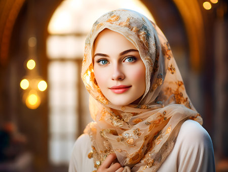 Smiling beautiful Muslim woman in hijab with flowers. eid mubarak Ramadan conceptの素材