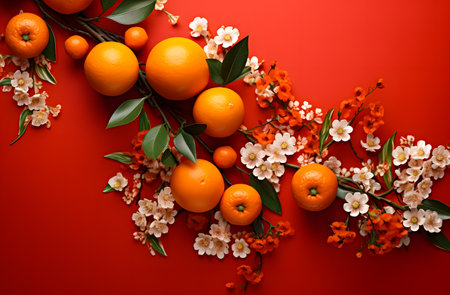 Oranges and flowers on red background. Happy Chinese New Year. copyspace for textの素材