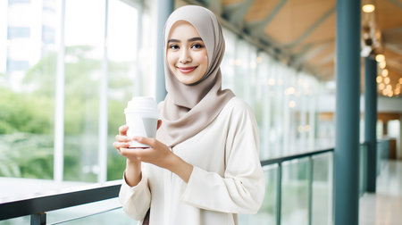Hijab muslim businesswoman holding coffee cup and smiling at cafeの素材