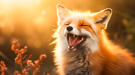 Red fox in the field at sunset. Portrait of a wild animal.の素材