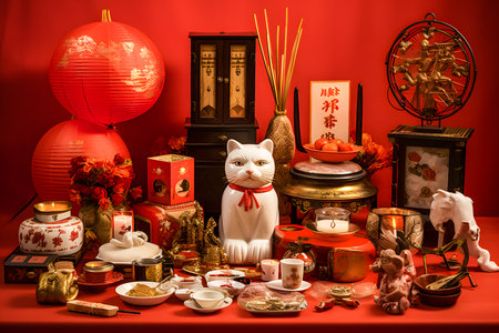 Chinese New Year decoration with lucky cat, lanterns and gold ingotsの素材