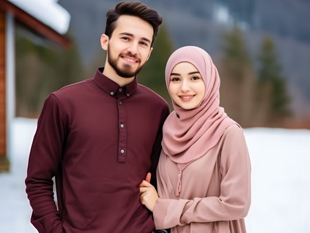 Portrait of muslim couple embracing each other and looking at cameraの素材
