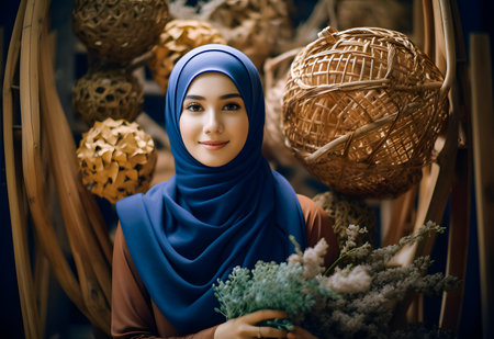 beautiful asian muslim woman wearing headscarf with basketの素材