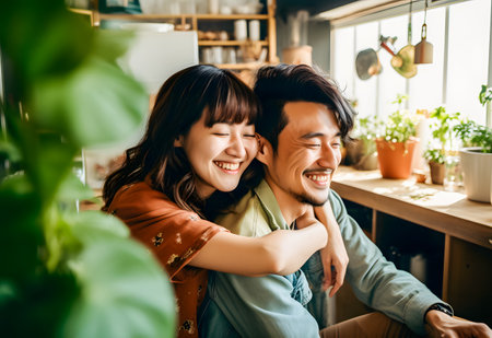 Happy young couple in love hugging and smiling while sitting in living room at homeの素材