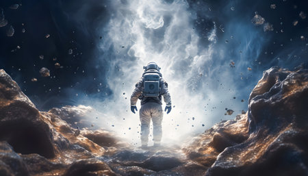 Astronaut in outer space. Mixed media. Mixed media. Mixed mediaの素材