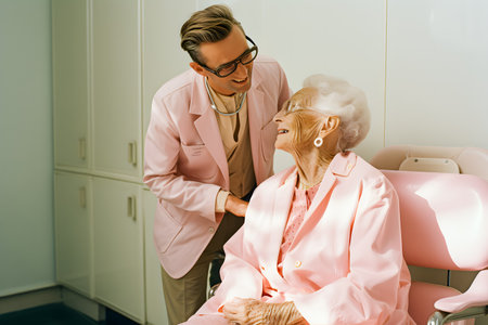 smiling nurse talking to senior patient in hospital corridor with stethoscopeの素材