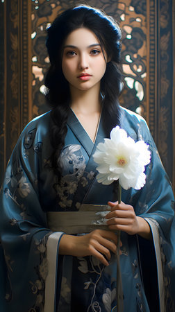 young beautiful asian woman in kimono with flower in handの素材