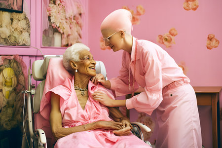 Portrait of a senior woman in a beauty salon with a beauticianの素材