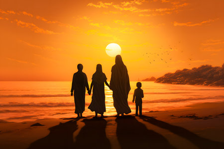 Silhouette of a Muslim family on the beach at sunset.の素材