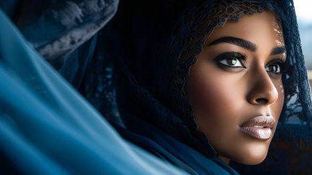Close-up portrait of beautiful arabian woman in black hijab.の素材