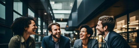 Group of business people talking and laughing while walking in the city.の素材