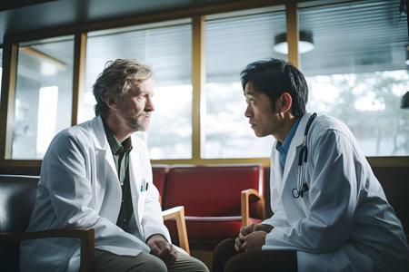Doctor and patient discussing something while sitting in the lobby of a hospitalの素材